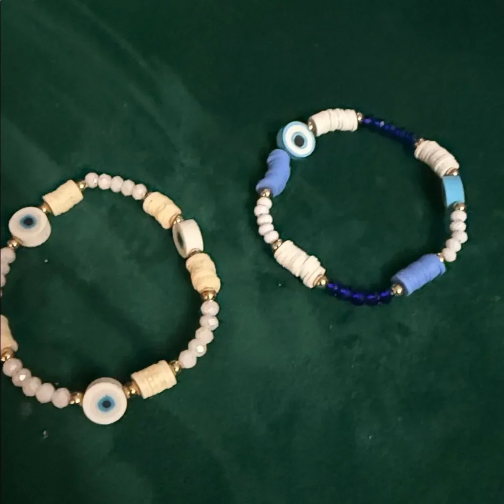 Blue and White Beaded Bracelet Set of 2 Eye Bracelets NEW